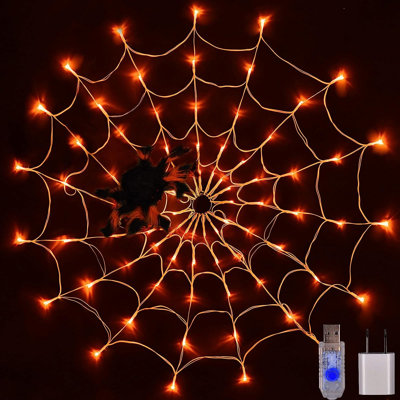Spider Web Lights, Halloween Lighted Orange 80LED Spider Net With Spider, Indoor And Outdoor House Yard Garden Scary Halloween Decoration(Orange)