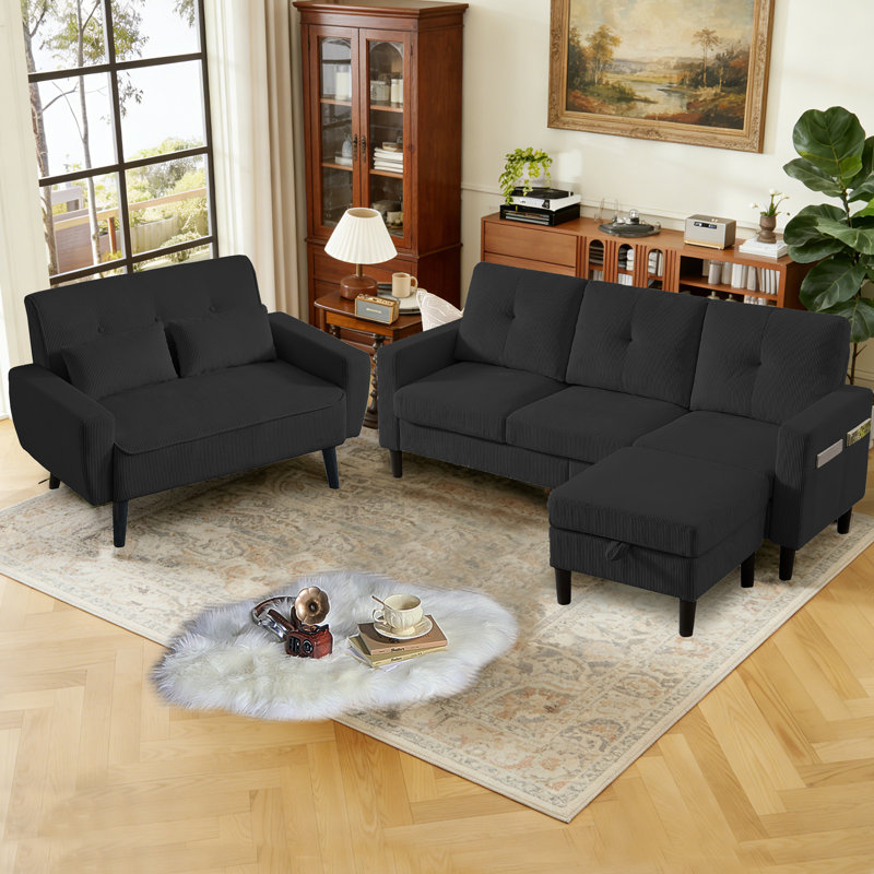 Ensemble de salon 3 pièces, Black Polyester Blend