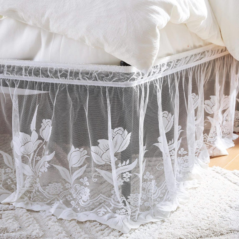 Lace Bed Skirt For Farmhouse Or Victorian Bedding. Dust Ruffle Bed Skirt For Any Bedroom Decor, White, King