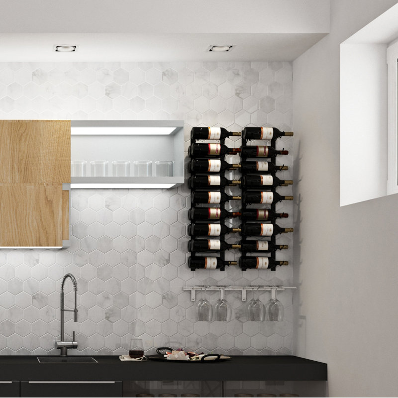 Ensemble de bouteilles de vin et support en verre à fixation murale 18 bouteilles avec bar mouillé Indurial, Nickel brossé