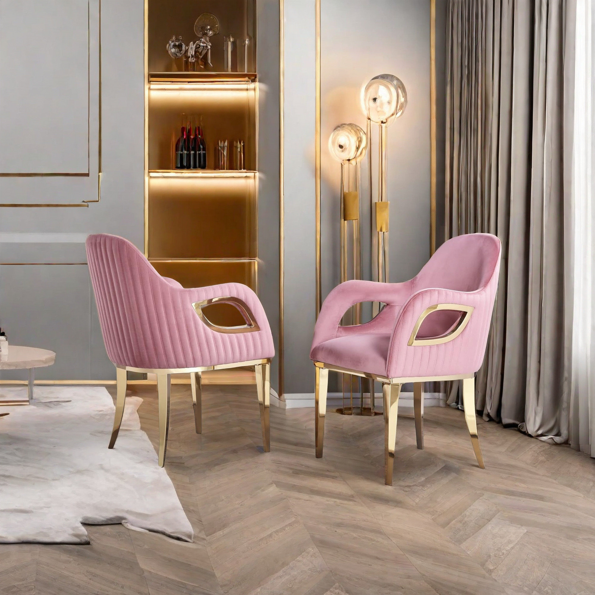 Everly Quinn Pink And Gold Arm Chairs With Gold Stainless Steel