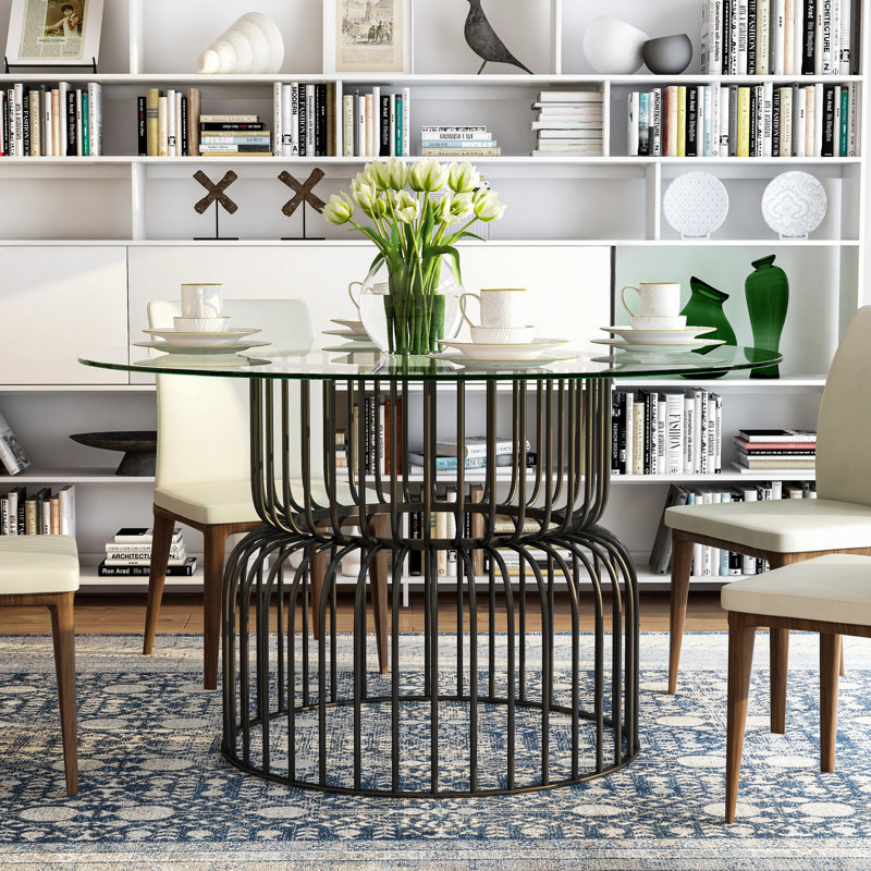 Darin Round Glass Top Metal Base Dining Table, Clear Top/Gray Base