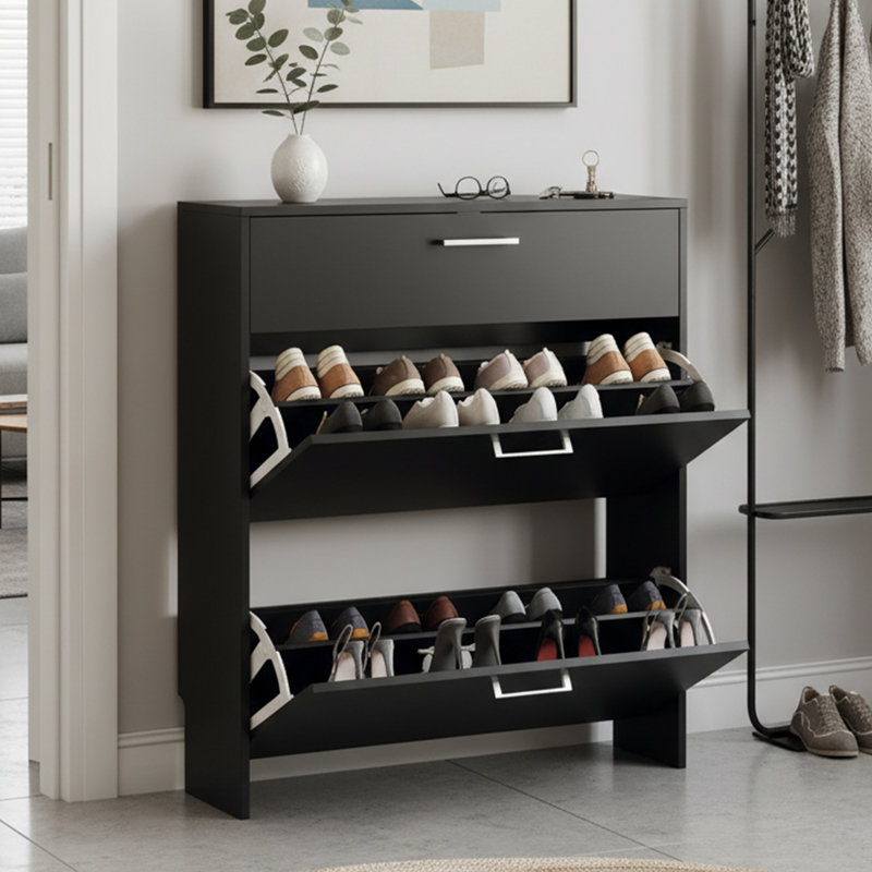 31" W 2-Flip Drawer 1-Drawer Shoe Cabinet, Black