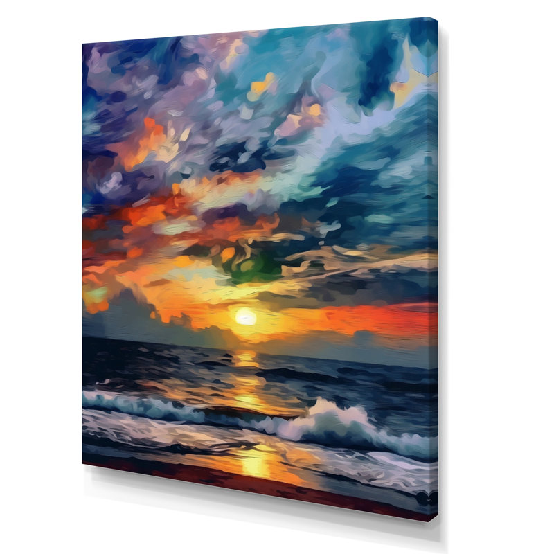 «Majestic Sunset Wild Waves Breaking At Shore», reproduction d'art sur toile, H 32 po x l 16 po x P 1 po, Toile tendue