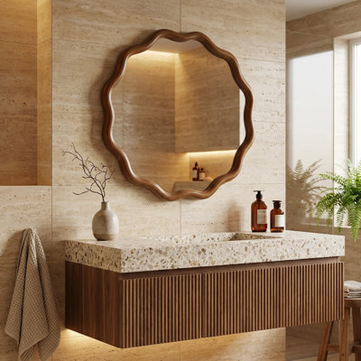 Miroir décoratif rond en bois massif ondulé de 24 pouces pour montage mural dans le salon, la chambre à coucher ou la salle de bain
