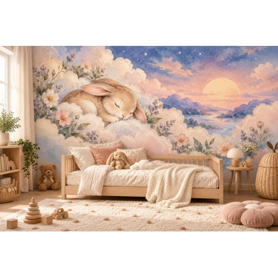 Cloud Bunny Wallpaper Mural, Peel and Stick Kids Room Wall Mural, Watercolor Sleepy Animals Nursery Wallpaper