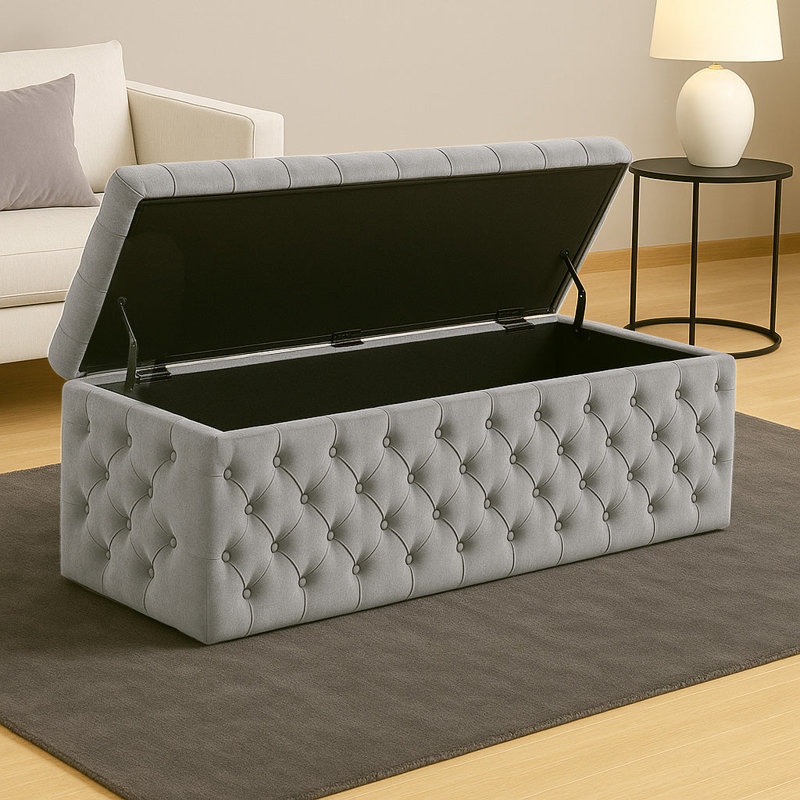 Lux Wide Velvet Chesterfield Rectangle Solid Color Standard Ottoman Box with Storage, 120cm W x 42cm D x 40cm H, Silver