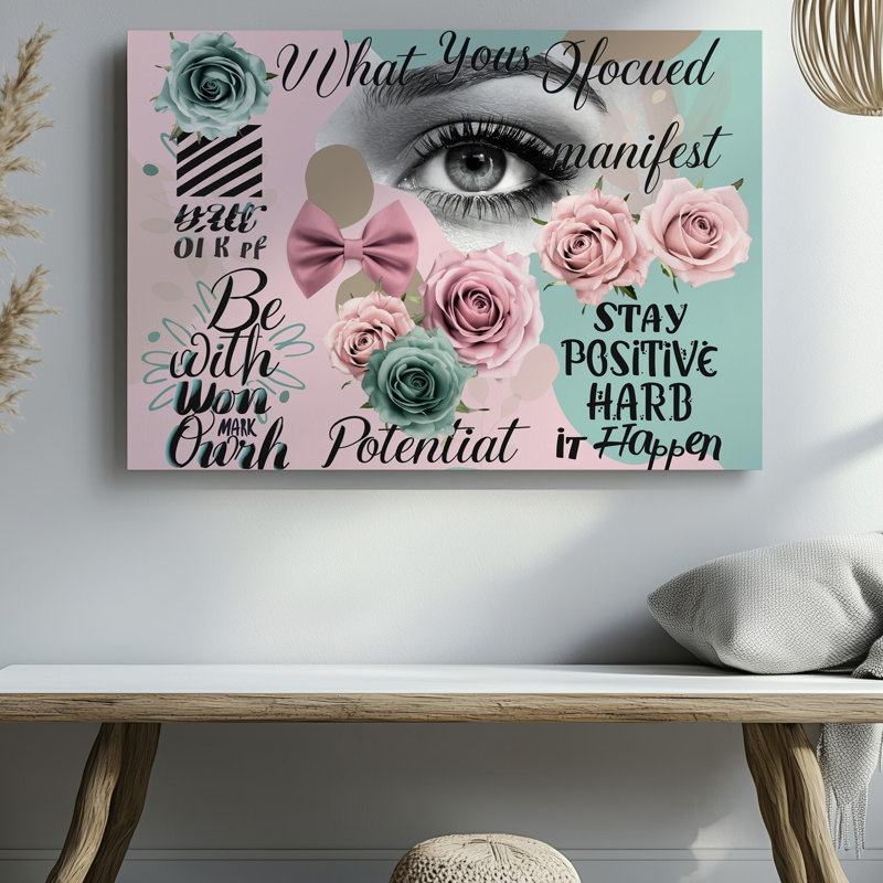 Toile, collage visuellement captivant qui se déploie sur un fond pastel doux, mélangeant de façon transparente un art mural sur toile rose et vert menthe