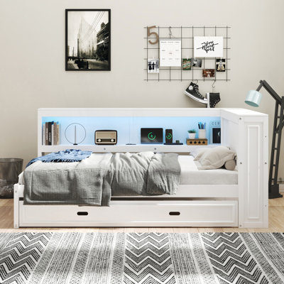 Lit de jour double avec tablettes de rangement et lit gigogne, lit de jour moderne