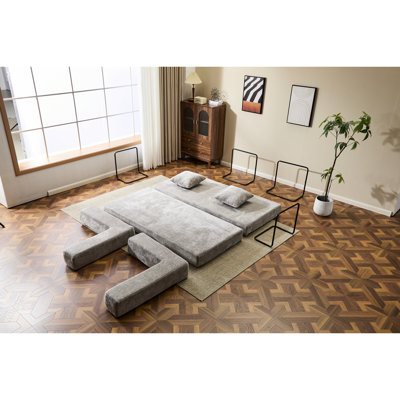 Canapé de sol confortable avec accoudoirs et dossier, chenille grise, mousse à mémoire de forme, 3 places, accoudoirs de compression, convertible en futon, mousse