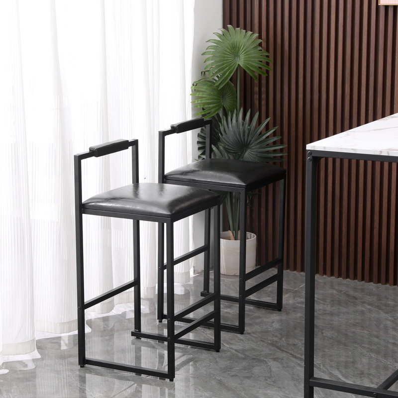 Black Bar Stool With Backrest Set Of 2 Counter Height PU Leather Upholstered Bar Chairs With Footrest