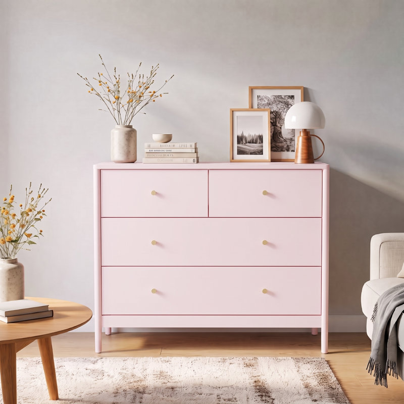 Commode 4 tiroirs pour la chambre à coucher, commode large avec boutons ronds en métal, commode de rangement moderne en bois, armoire de rangement de chambre à coucher pour placard de salon