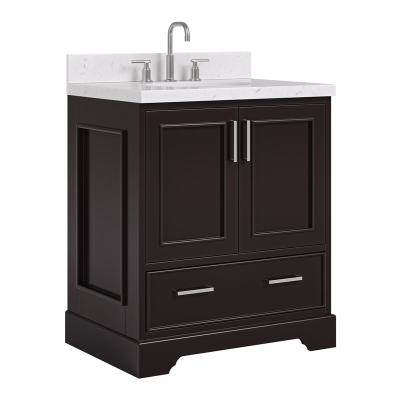 Meuble-lavabo simple avec plateau en quartz Abshire, Oval, Blanc