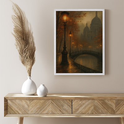 Golden Bridge Autumn Framed Wall Art - Misty River and Streetlight Painting Print for Elegant Fall Home Decor
