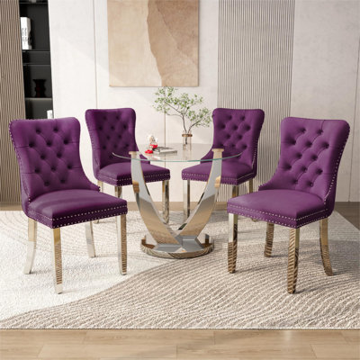 Ensemble de table de salle à manger 38,9 po pour 4, 5 pièces, ensemble de table de salle à manger ronde moderne en verre transparent avec 4 chaises rembourrées en velours, pour salle à manger, cuisine, appartement