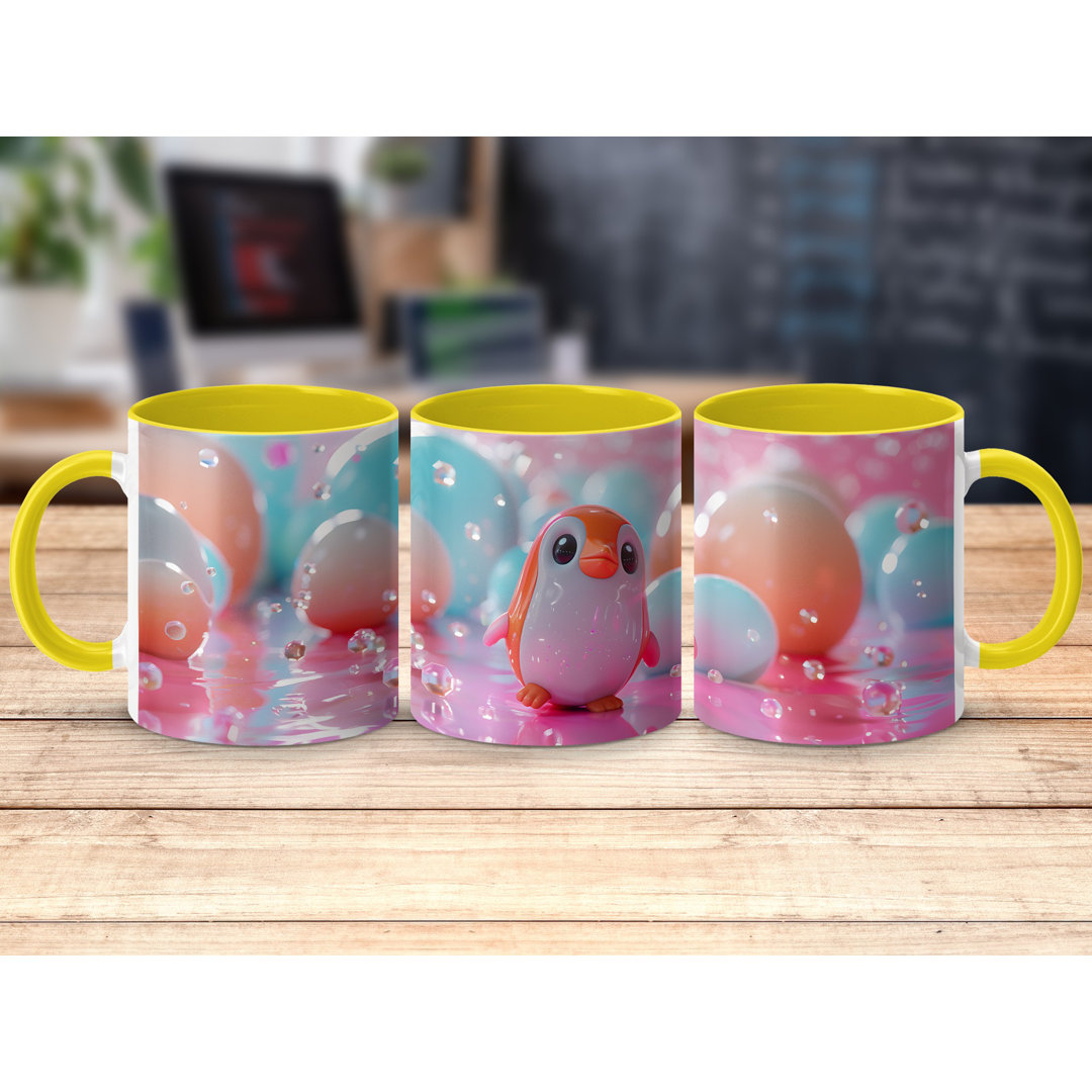 Set of 4 Colourful 3D Design 11oz Accent Mugs – White Ceramic Coffee Cups with a Yellow Handle and Interior