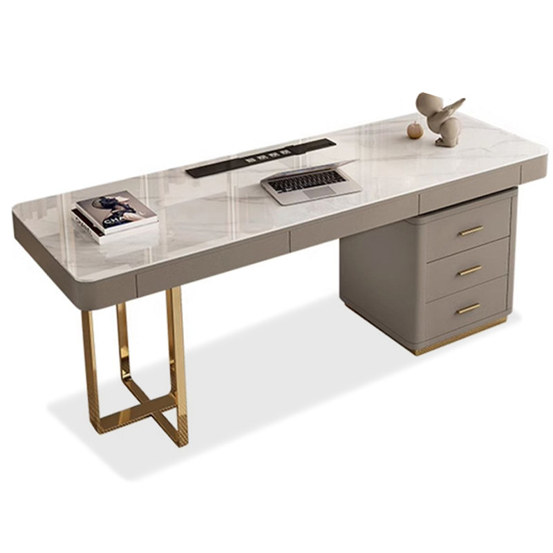 Bureau en pierre frittée avec revêtement en cuir de silicone et 3 tiroirs