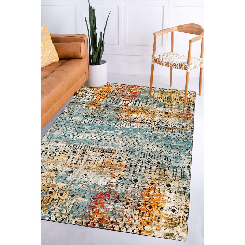 Tapis marocain rectangulaire tissé à la machine en bleu / orange, Rectangle 4 pi 11 po x 6 pi 7 po