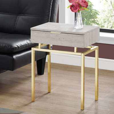 Table de bout, table de bout, table de bout, table de chevet, tiroir de rangement, stratifié d'aspect marbre beige, métal doré