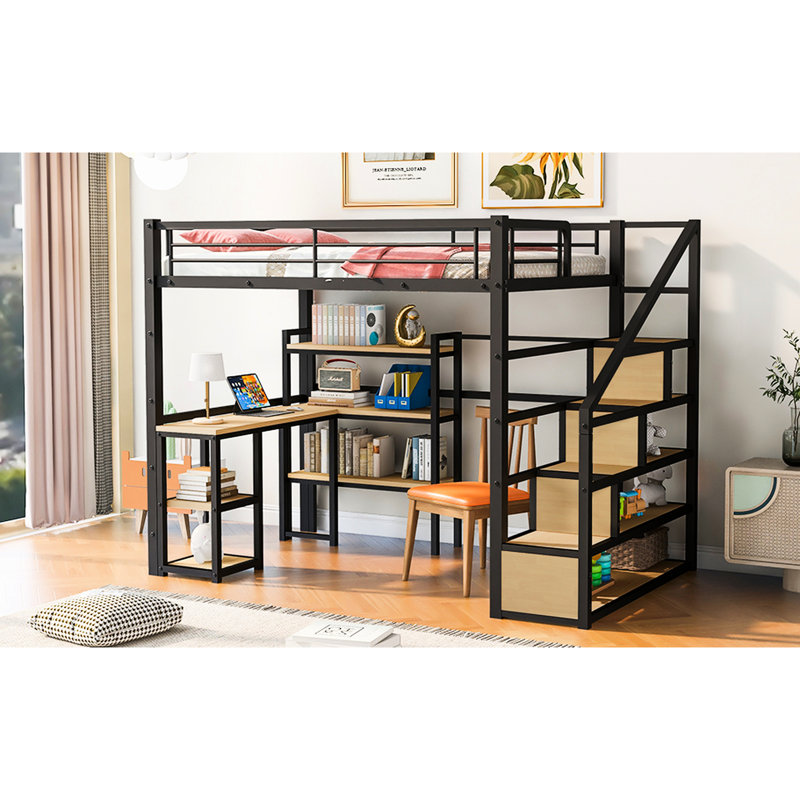 Lit mezzanine en métal noir avec escalier, bureau et tablettes - Lit double, structure, rangement supplémentaire, sans sommier pour un sommeil confortable