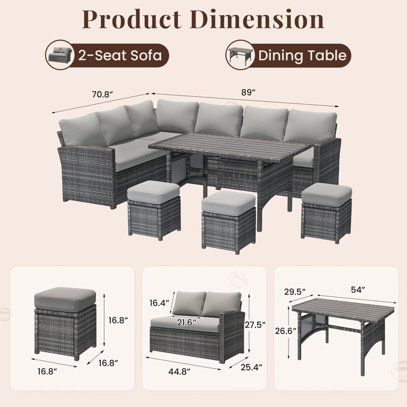 Hinesville 7 Piece Rattan Lounge Dining with Cushions, Grey Frame/Grey Cushion