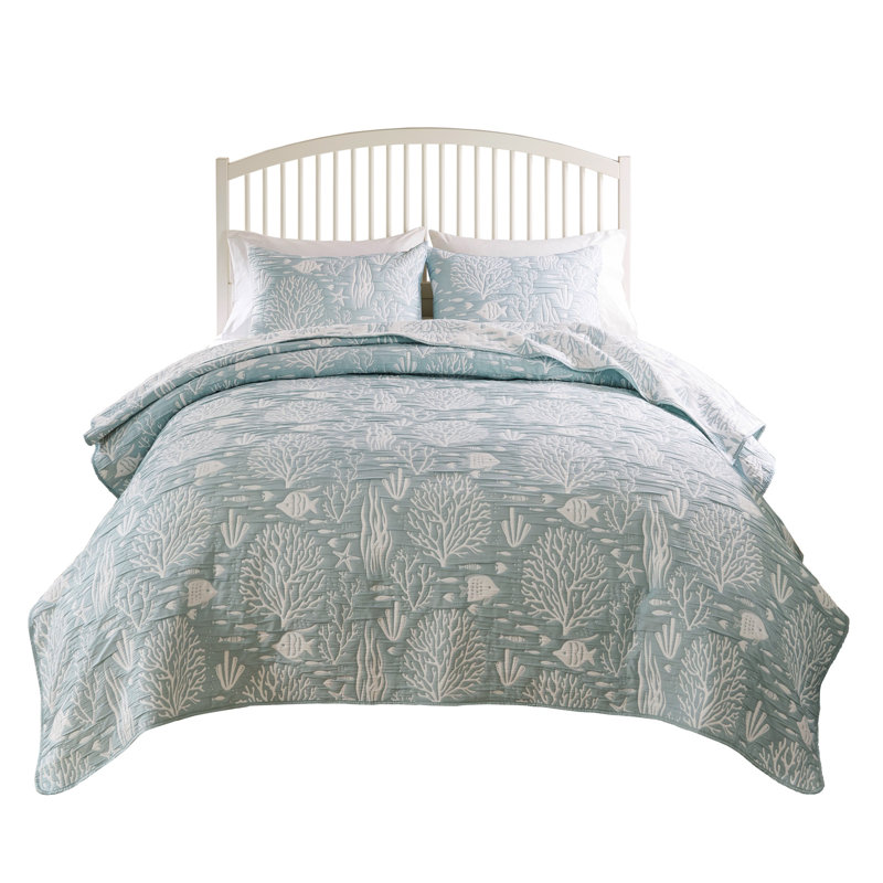 Greenland Home Fashions Marina 3-Piece Queen Size Seafoam Coverlet Set, 90x90 Inch, Queen Coverlet + 2 Standard Shams