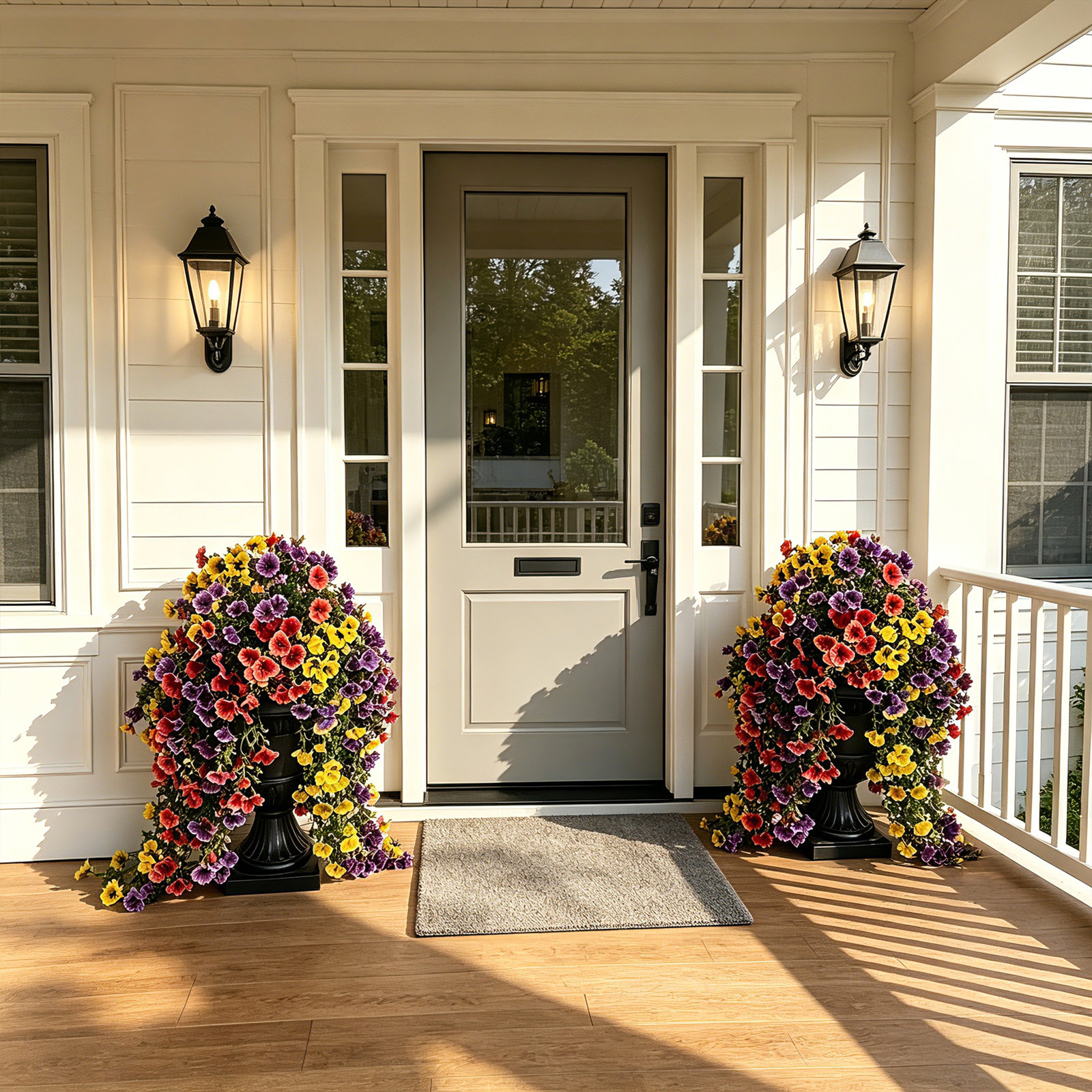 Artificial Pansy Flowers With Black Urn Planter - 26In Faux Potted Flowers With 660 Blooms, Fake Hanging Flowers For Covered Porch Patio Entryway Balcony Decor