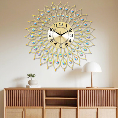 24 Inch Silent Wall Clock With Crystal Accents, Golden Finish, And Large Arabic Numbers - Durable Quartz Battery Operated Wall Decor For Living Room, Kitchen, Bedroom, Bathroom, And Home Office