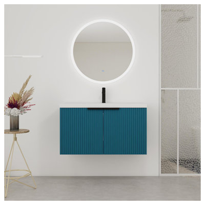 Meuble-lavabo mural 36 po avec lavabo en résine et portes à fermeture douce, bleu lac
