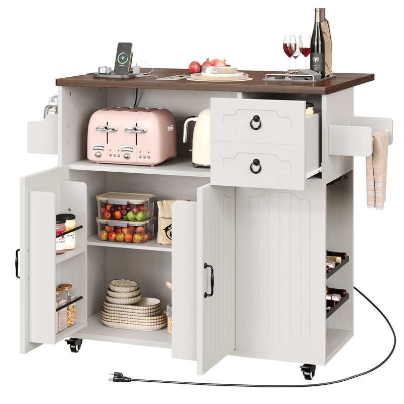 51" Mobile Kitchen Island With Drop Leaf & Power Outlet, Kitchen Rolling Island With Storage Cabinets & Drawers, Kitchen Island Cart With Glass Holder & Wine Rack For Dining Room, White