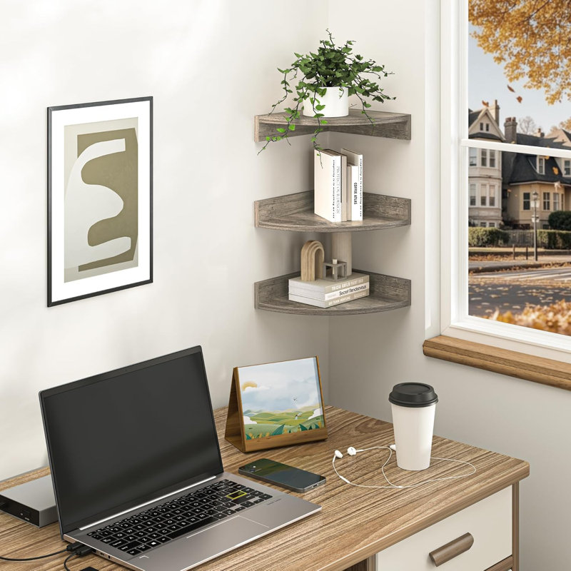 Floating Corner Shelves Wall Mount, Wood Corner Wall Shelf Set For Bedroom Bathroom Kitchen Living Room Office, Rustic Decor With Cable Hole, Sturdy Particle Board Construction, Easy Installation