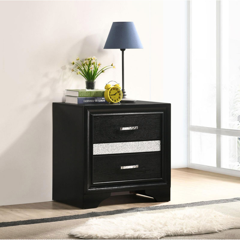 Table de chevet noire à 2 tiroirs avec plateau à bijoux caché, élégance et luxe
