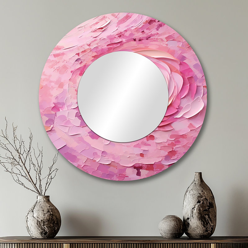 Pink Radiant Revolution Spiral - Abstract Spirals Large Mirror, Modern Round Decorative Wall Mirror, Printed Metal Art