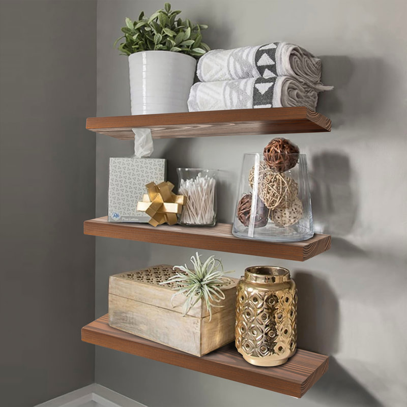 Solid Wood Floating Shelf (Set of 3), Brown