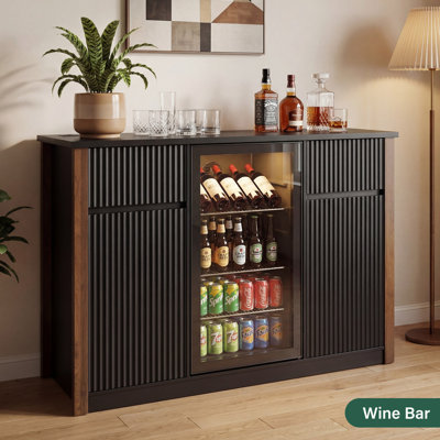 LAUSAINT HOME Coffee Bar Cabinet with Mini Fridge Space, Modern Wine Bar Cabinet for Home, Coffee Station with Wine Rack & Glass Holder, Buffet Sideboard Storage for Kitchen, Living Room, 55.1"W Black