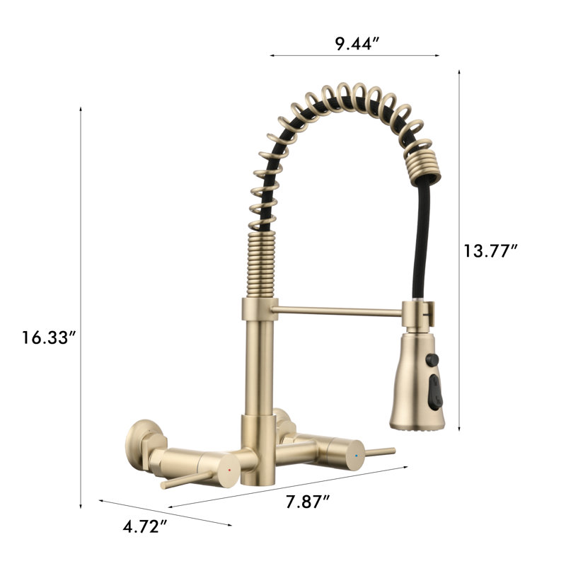 Durable Stainless Steel Wall-mounted Kitchen Faucet With 3 Functions And High Arc Spout, Brushed Gold