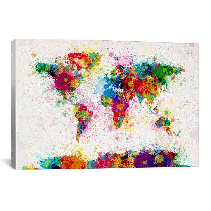 « world map paint gouttes », reproduction d’art sur toile tendue, H 26 po x l 40 po x P 1,5 po