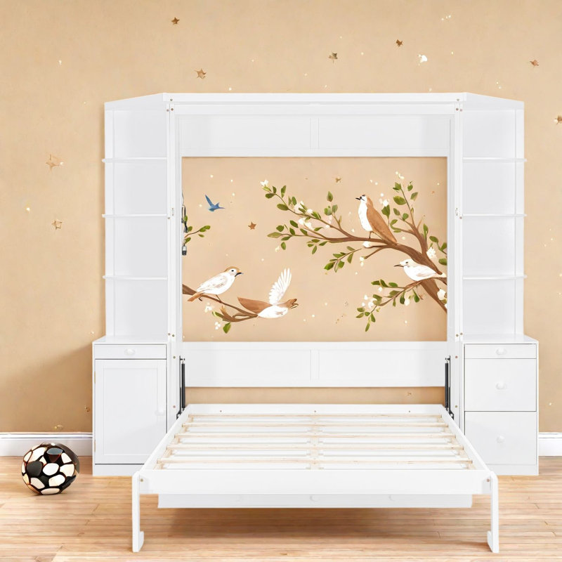 Lit escamotable Queen gain de place, bureau de rangement en MDF, bureau à domicile moderne, White