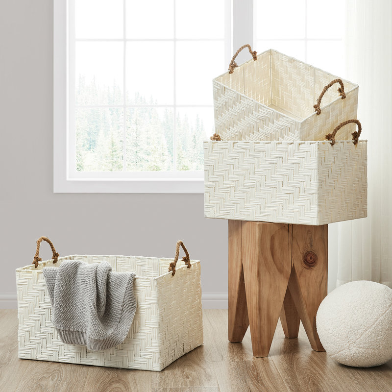 Off-White Faux Wicker Storage Basket with Rope Handles