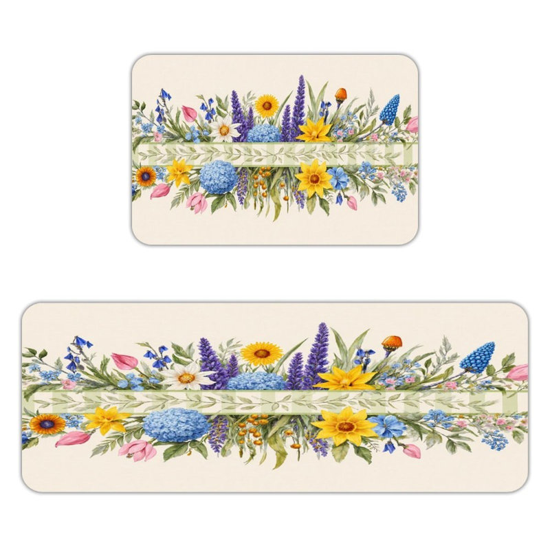 Ensemble de 2 tapis de cuisine jaunes mélangés à fleurs printanières
