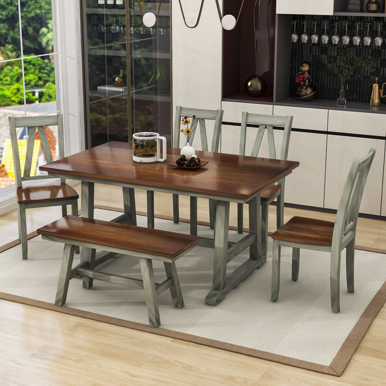 Calvinna 6-Piece Dining Table Set, Kitchen Table with Bench and 4 Dining Chairs