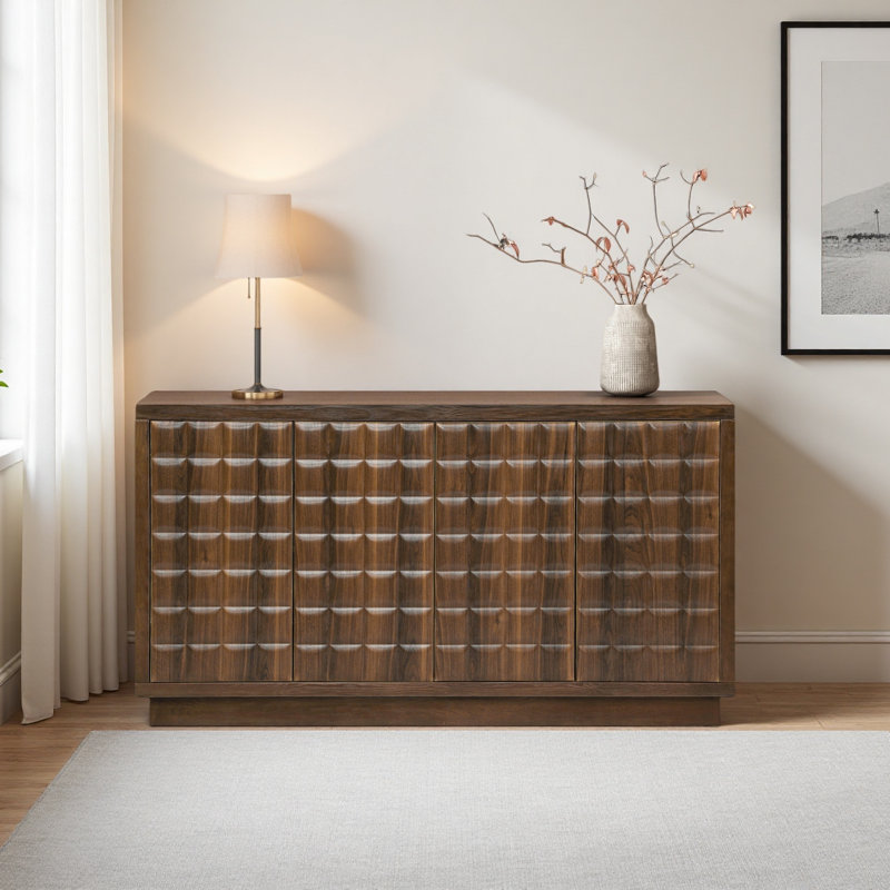 Armoire de rangement moderne à 4 portes avec portes géométriques 3D et garniture en métal pour le salon, la cuisine ou le bureau à domicile