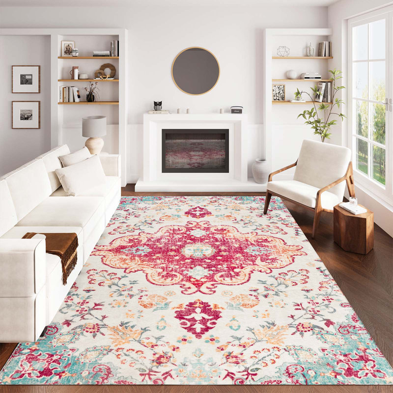 Juanelle Performance Washable Indoor Rug, Retangle 6' x 9', Crimson & Cream