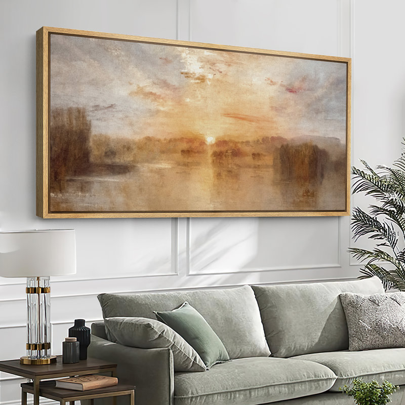 «Golden Lake Sunset», impression sur toile encadrée, décor naturel impressionniste chaleureux, Naturel, H 30 po x l 60 po