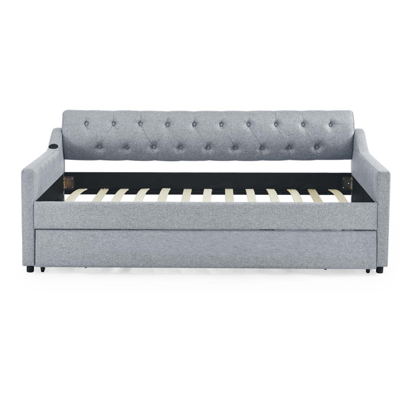 Lit de jour rembourré avec lit gigogne et chargement USB, Gris