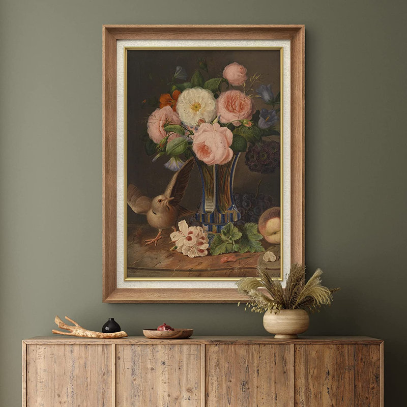 Bouquet de fleurs et oiseau - peinture sur toile encadrée, Naturel