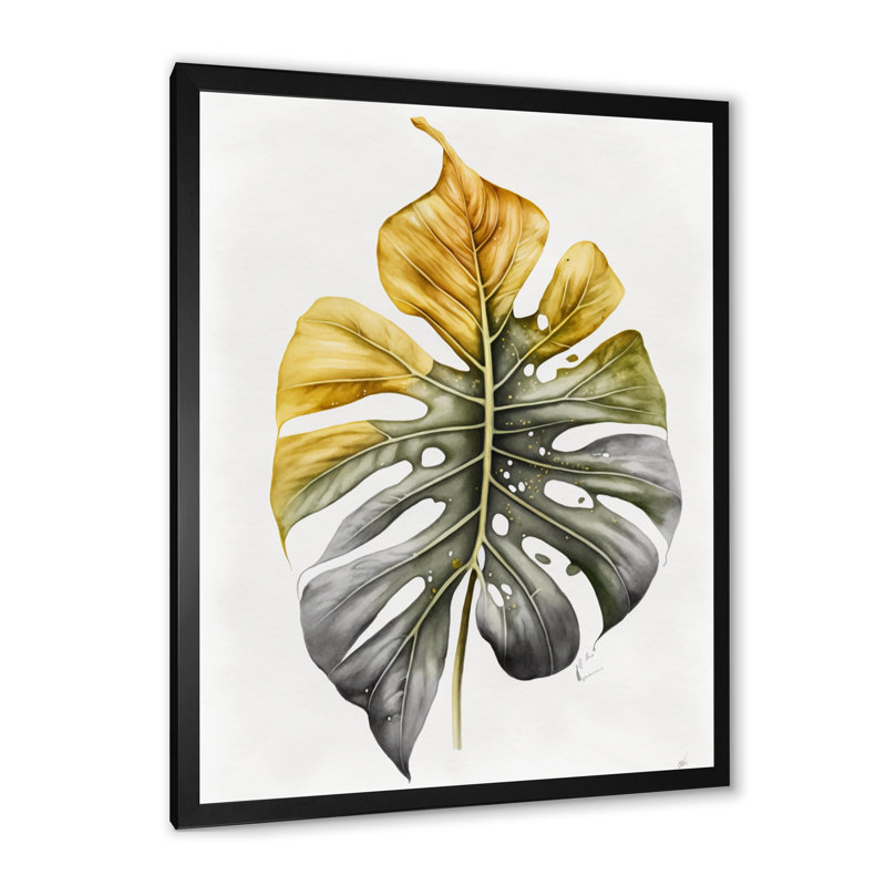 Jaune et gris, feuille de philodendron I - art mural sur toile florale, H 20 po x l 12 po, Cadre photo noir