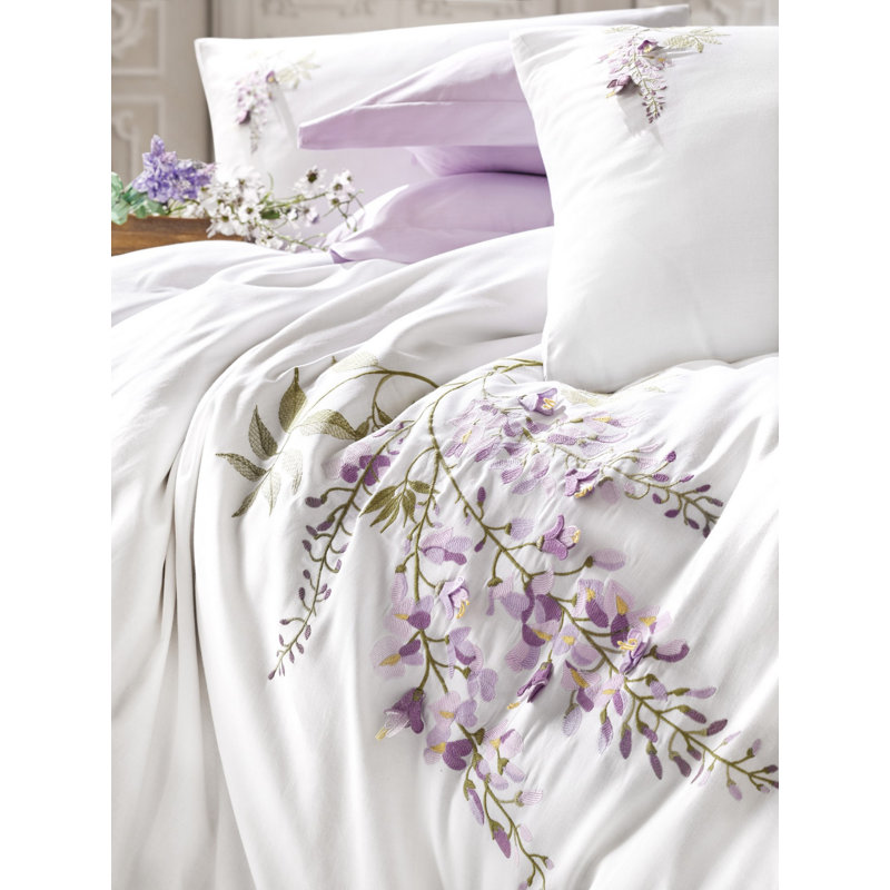 Ensemble de housse de couette 100% coton blanc / lilas / vert 4 pièces