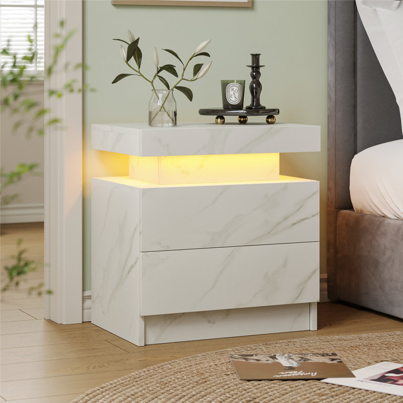 LED Nightstand with 2 Drawers - Small Space Solutions, Grey/White