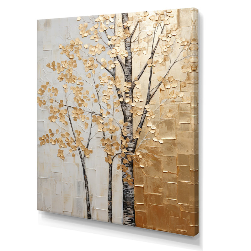 Minimalisme Golden Trees Harmony II - arbres, art mural, Toile tendue, H 40 po x l 30 po x P 1,5 po